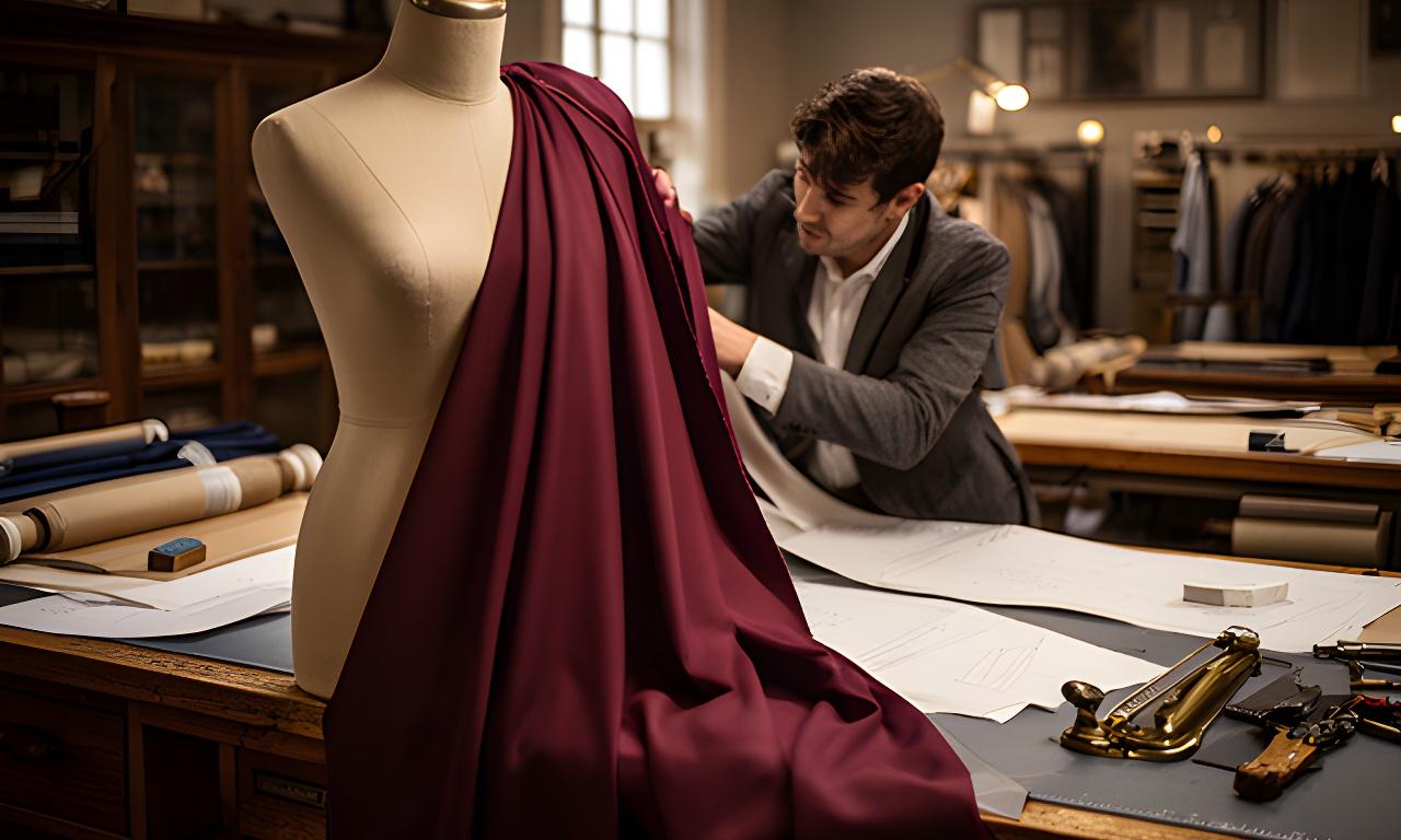 Tailor draping deep burgundy cloth over a canvas mannequin in a Wolverhampton workshop