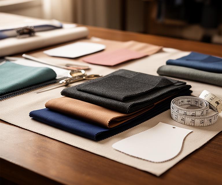 Tailoring cloth samples and measuring tape arranged on a wooden consultation table