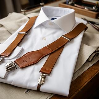 Leather braces laid across a pressed white shirt