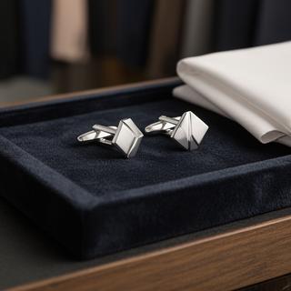 Silver cufflinks displayed on a dark velvet tray